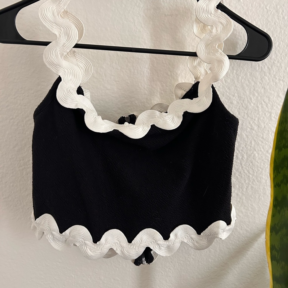 Anthropologie Black and White Ruffle Trim Top